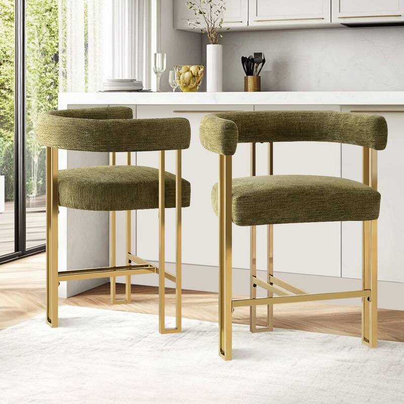 25" Seat Height Upholstered Chenille Gold Matel Counter Stool - Olive-2-piece - Set of 2