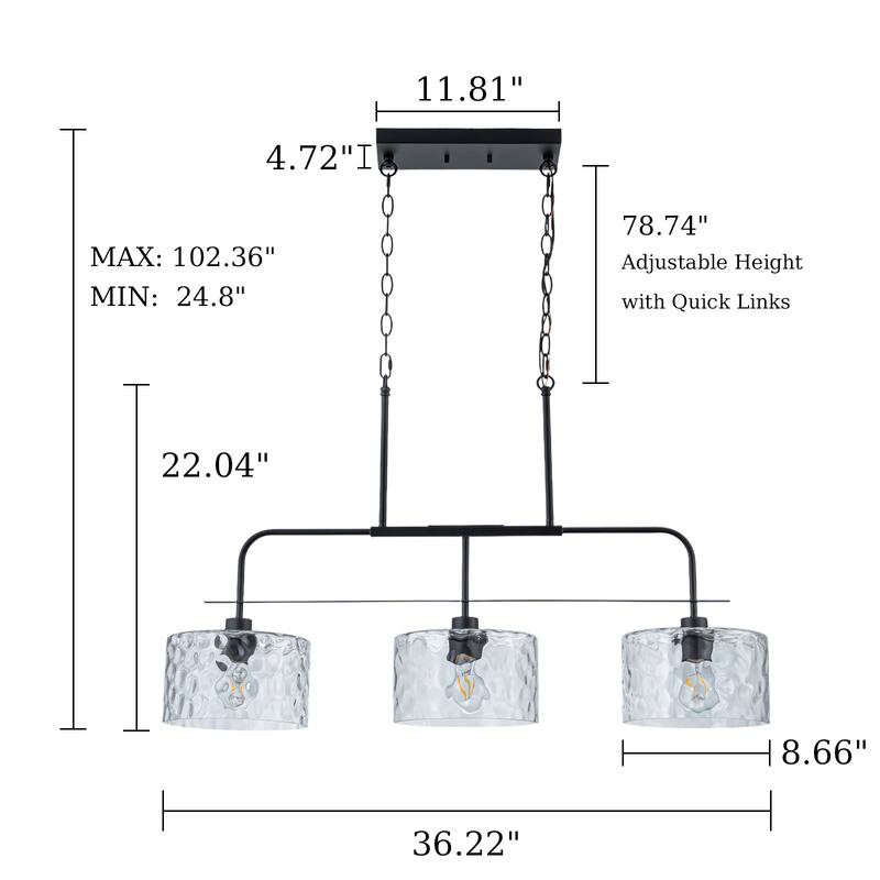 Modern 3-Light Black Pendant Light with Water Ripple Glass Shades for Dining and Living Room
