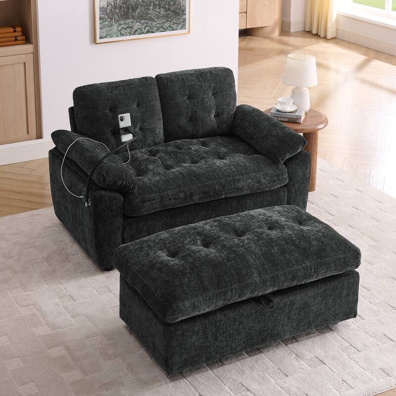 Double Recliner Chair with Adjustable Backrest, Storage Ottoman, USB Port & Phone Stand