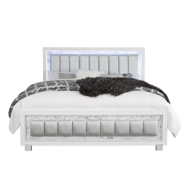 Modern Bed with LED Headboard - Queen Size Platform Bed Frame, White Finish