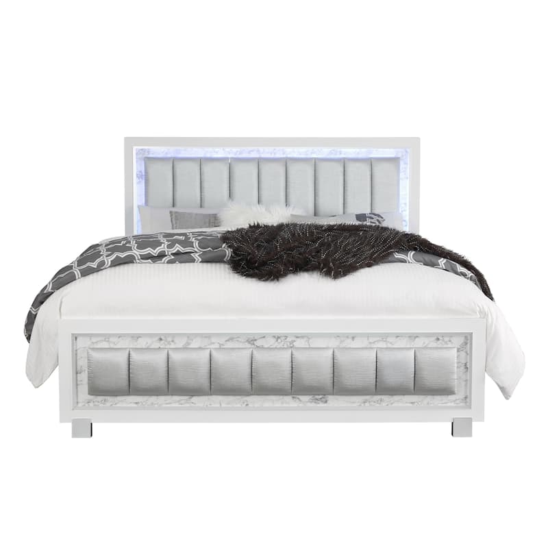 Modern Queen Bed with Lights - Upholstered Bedroom Furniture, White Finish, Faux Marble Accents