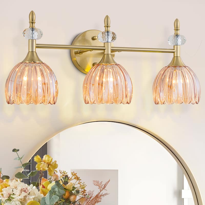 Starsky 3-Light Tulip-Inspired Floral Wall Sconce with Green or Amber Glass Shades, for Bathroom, Bedroom, Hallway - Amber