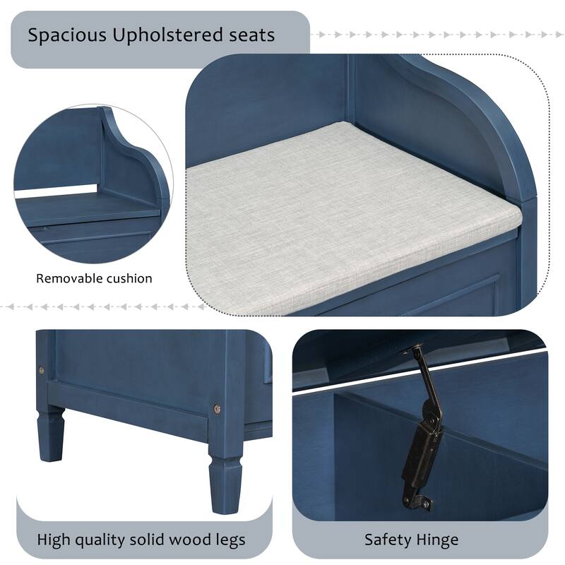 Rustic Style Solid Wood Entryway Storage Bench with Safety Hinge