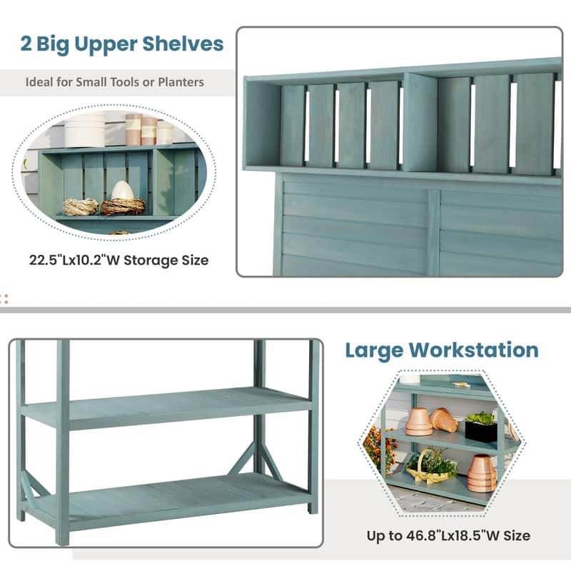 Large Wooden Outdoor Potting Bench Table, Patio Workstation, Garden Potting Bench with 4 Storage Shelves and Side Hook