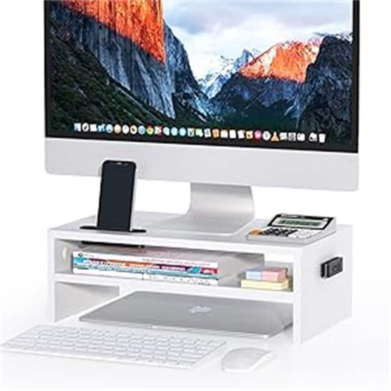 2-Tier White Wood Monitor Stand - White