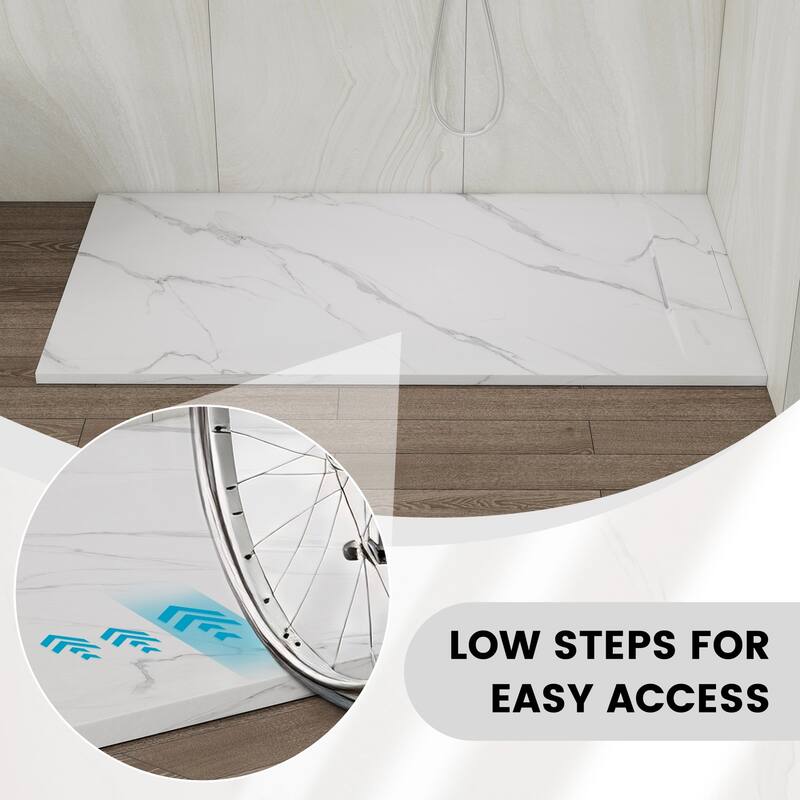 SMC Alcove Shower Pan Base with Reversible Drain, Low Profile, Wheelchair Access, Slip-Resistant, cUPC Certified