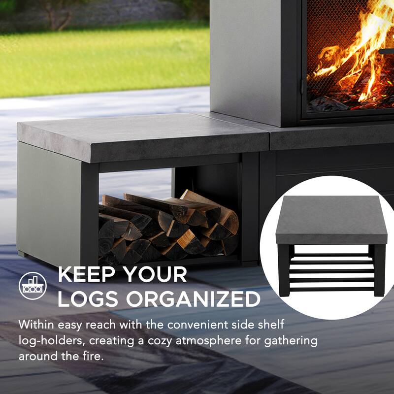 Sunjoy Outdoor Wood Burning with Chimney, Log Holders, Fireplace Tool, and PVC Cover