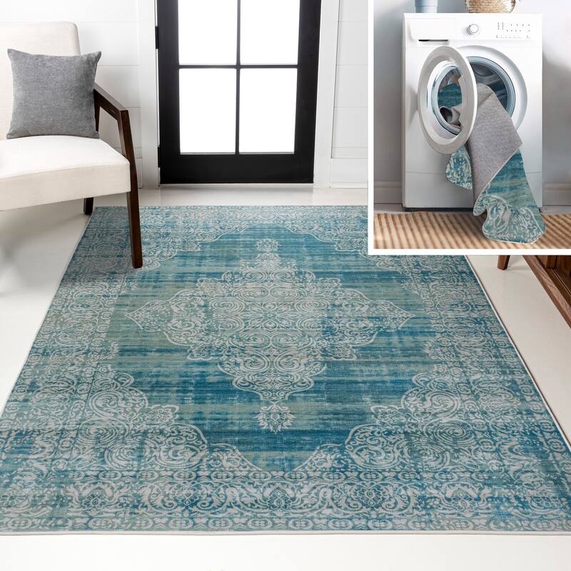 JONATHAN Y Asa Bohemian Medallion Machine Washable Area Rug - 5 X 8 - Teal/Cream
