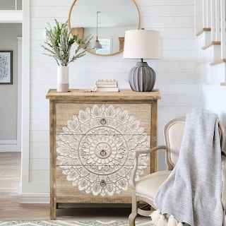 Distressed Natural Wood 3-Drawer 28.2" H White Floral Accent Chest