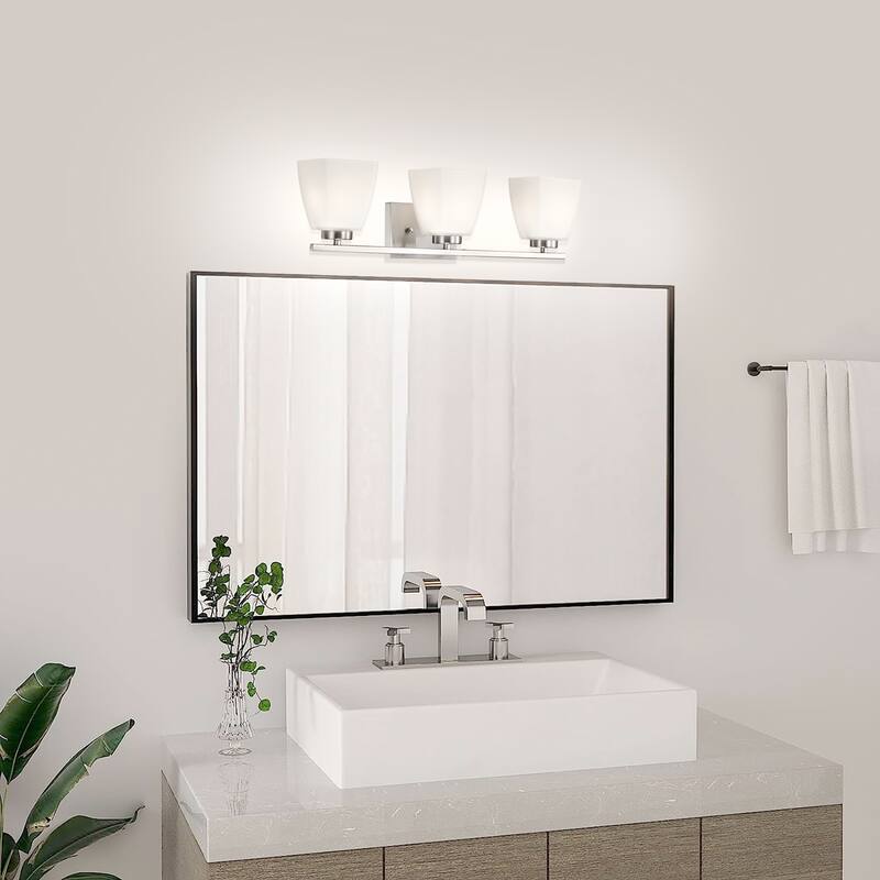 Brushed Nickel/Matte Black/Gold Modern 3-Light Vanity Light with Square Etched White Glass Shades