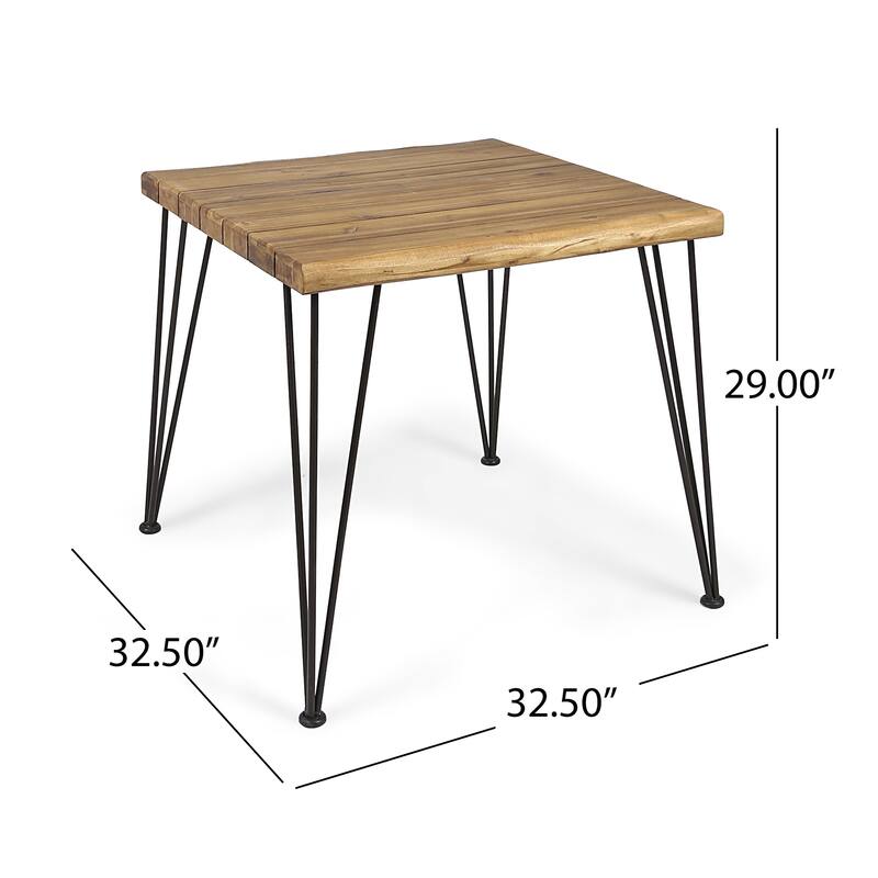Roomfitters Zion 32.5-Inch Modern Industrial Outdoor Dining Table, Solid Acacia Wood Top with Metal Hairpin Legs, Teak