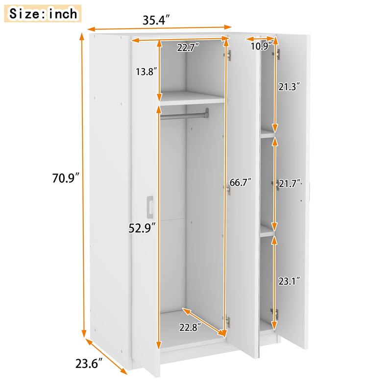 3-Door Wardrobe Mirror Armoire with Hanging Rod and 3 Shelves