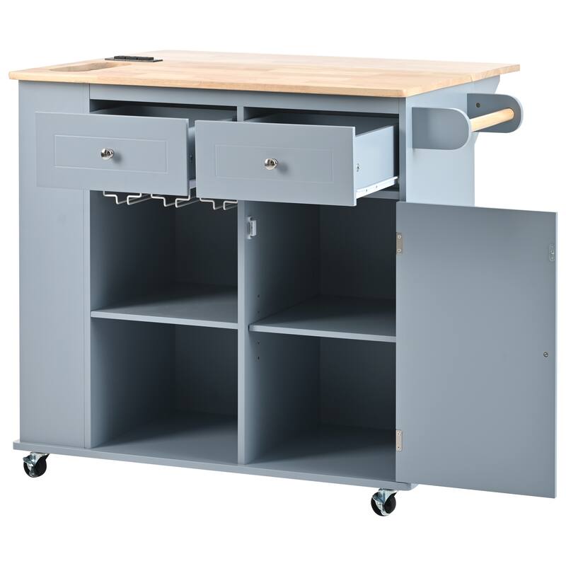 Kitchen Island Cart on 5 Wheels with Drop Leaf, Mobile Kitchen Island with Power Outlet, Open Storage & Wine Rack