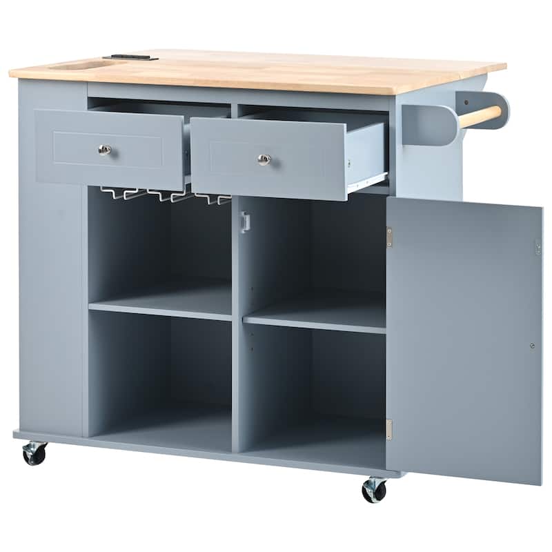 Kitchen Island with Power Outlet, Drop Leaf,Open Storage and Wine Rack,5 Wheels,with Adjustable Storage