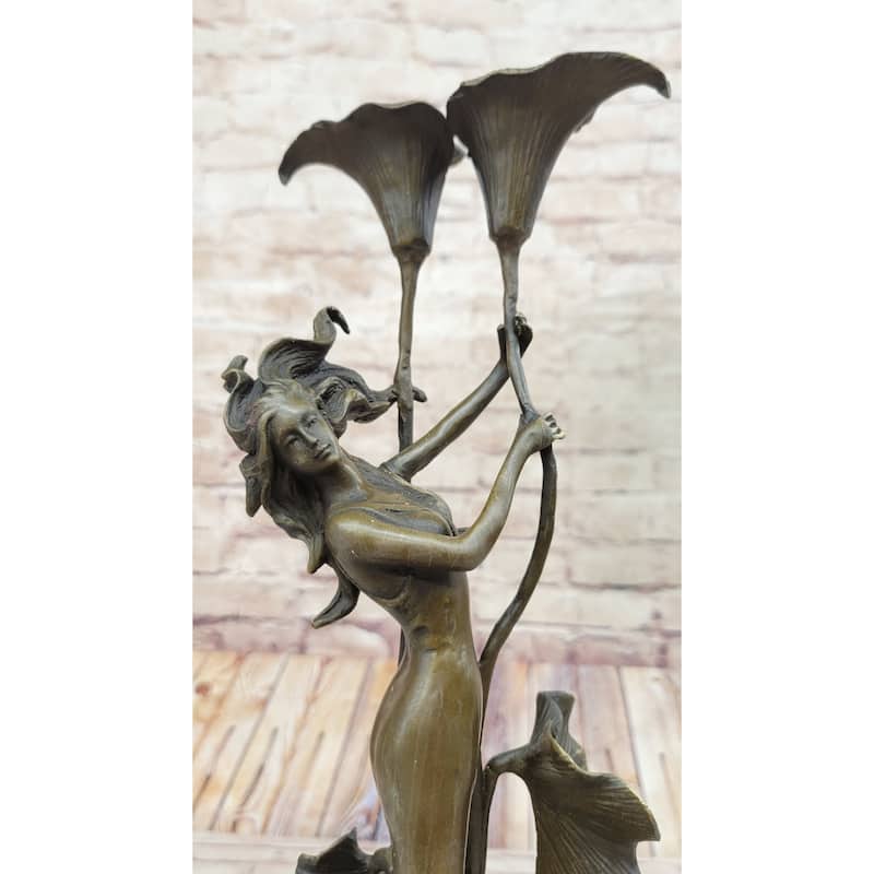 Tulip Young Girl Candlestick Statue Bronze Art Deco Candleholder Sculpture