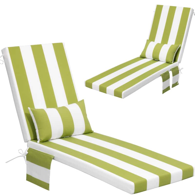 Outdoor Lounge Chair Cushions Patio Chaise Lounge Chair Seat Cushion with Pillow - 80 inches long - Green&White - 2PC