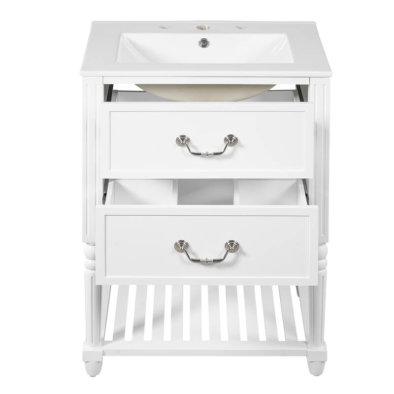24" Bathroom Vanity with Ceramic Sink, Vintage Wave Design Cabinet with 2 Drawers and Open Shelf