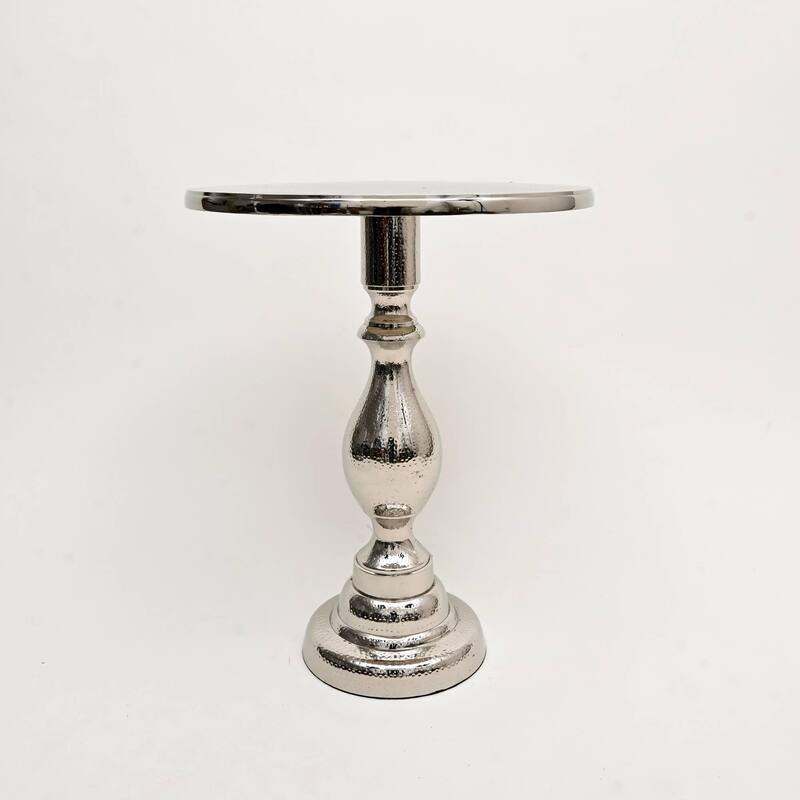 Decorative Nickel Finished Aluminum Hammered Accent Table with Glass Top - 20X20X25.5" Unique Side Table