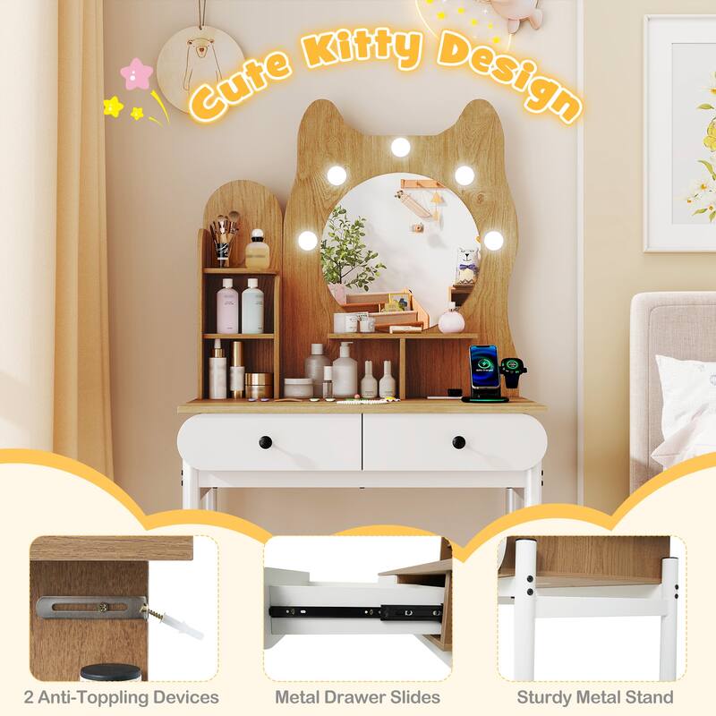 Gymax Small Vanity Desk w/ Mirror & Lights Cute Kitty Makeup Table
