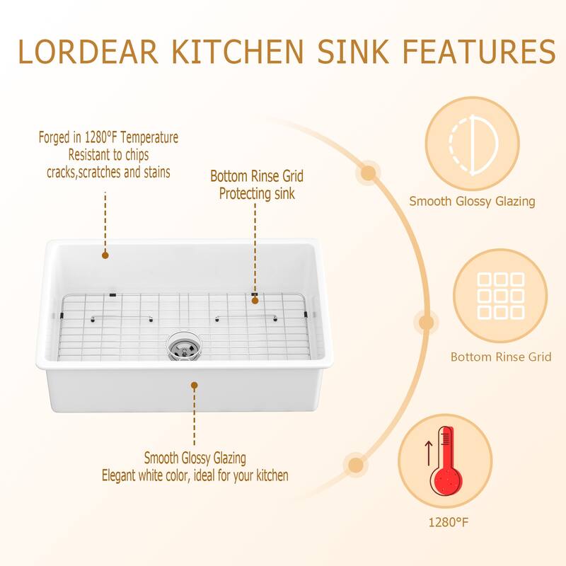 Lordear 32" Ceramic Sink Drop in Single Bowl Topmount White Kitchen Sink with Accessories - 32 in.W x 19 in.D x 10 in.H