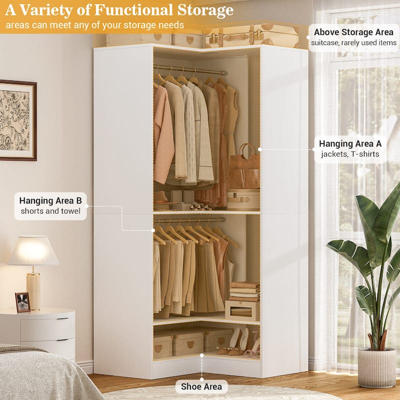 Qvella 31.5'' W Corner Closet System with Hanging Rods and Shelves,Corner Wardrobe Closet Organizer for Walk-in/Reach-in Closet