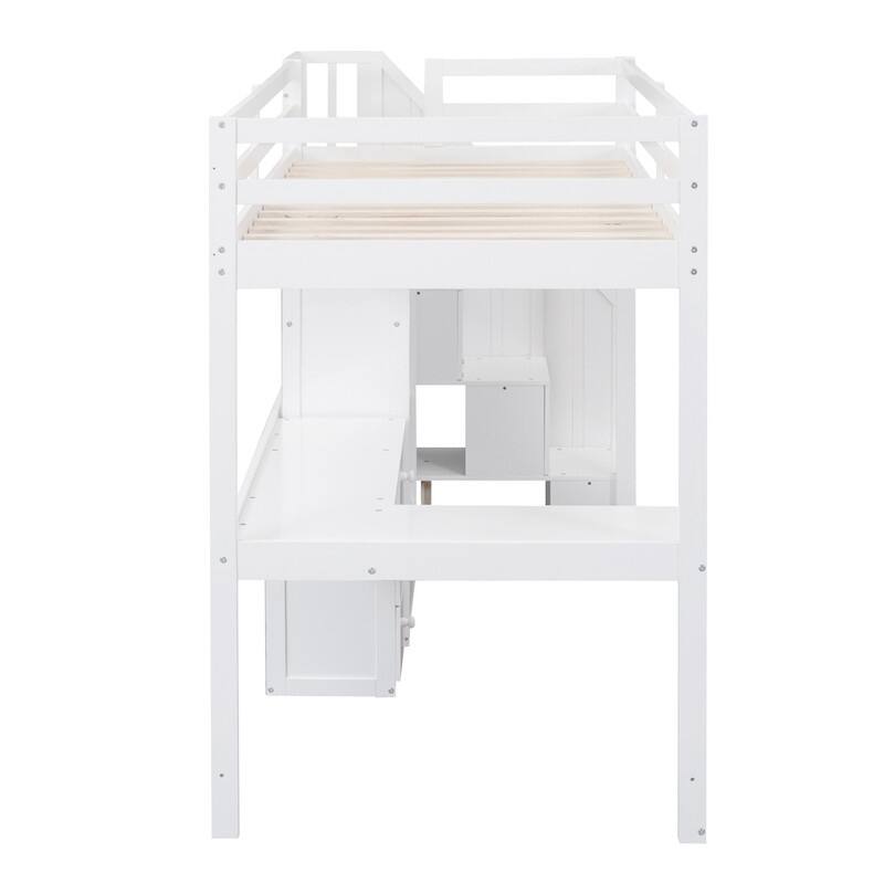 Multifunctional Wood Twin Size Loft Bed with L-Shaped Desk and Storage Staircase, Loft Bed Frame with Cabinet and Drawers