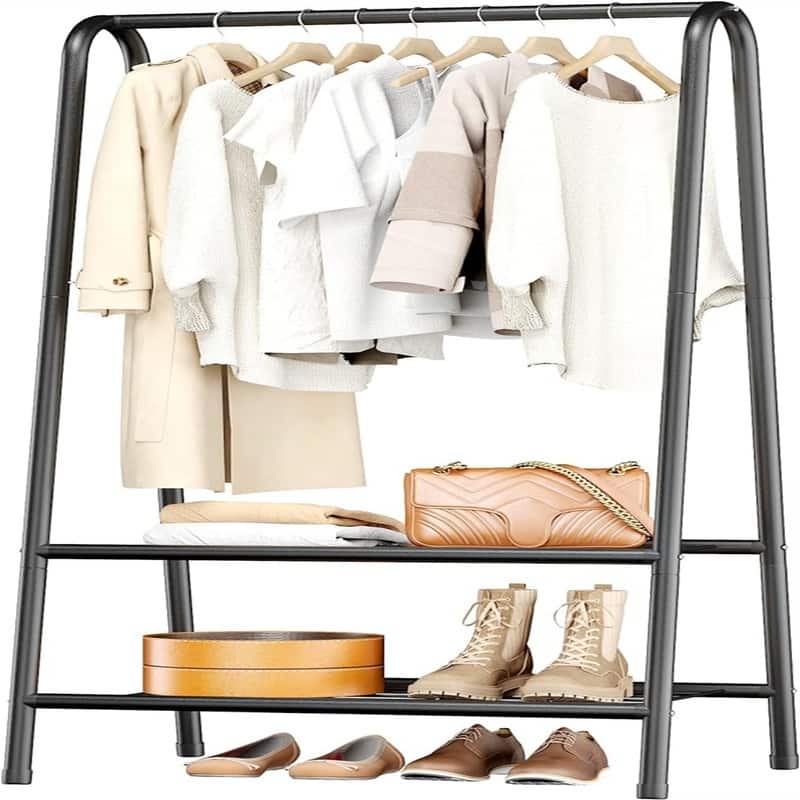 Metal Clothing Coat Rail with Double Layer Shelf for Storing Clothes - 13.8"D x 24.4"W x 62"H