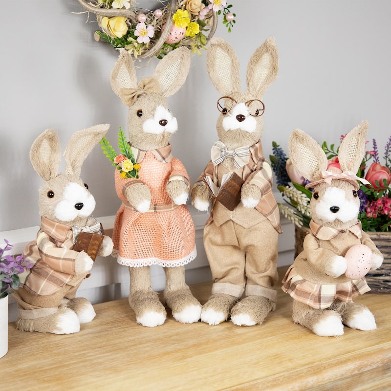 Rustic Girl Rabbit Easter Figure with Flowers - 15.25" - Beige