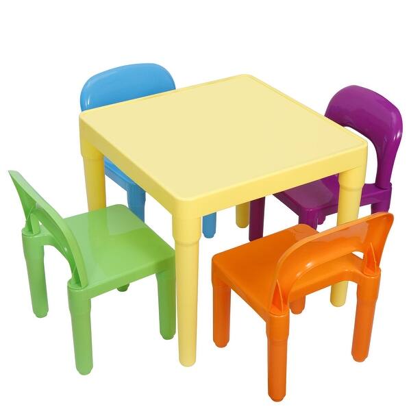 slide 2 of 7, Kids Activity Table and Chair Plastic 4 Set Yellow Table Primary Chairs