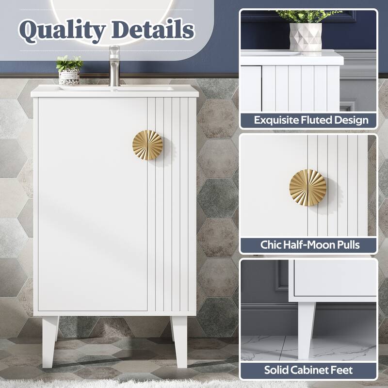 Bathroom Vanity, 20" Small Bathroom Vanity with Ceramic Sink, Chic Half-Moon Pulls Bathroom Cabinet