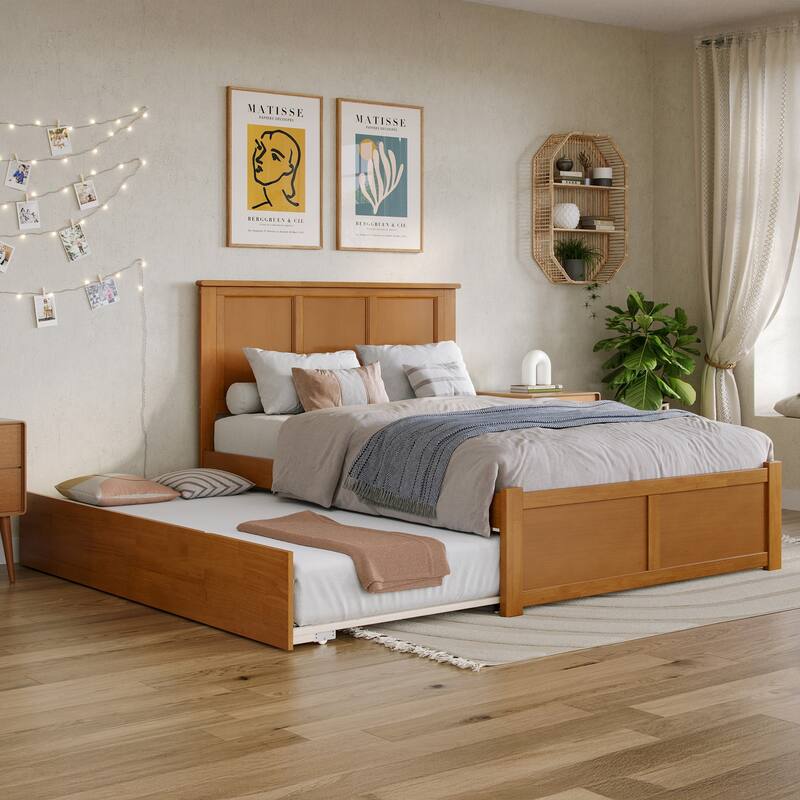 Solid Wood Platform Bed with Trundle - Full Size Bed Frame, Light Toffee Finish