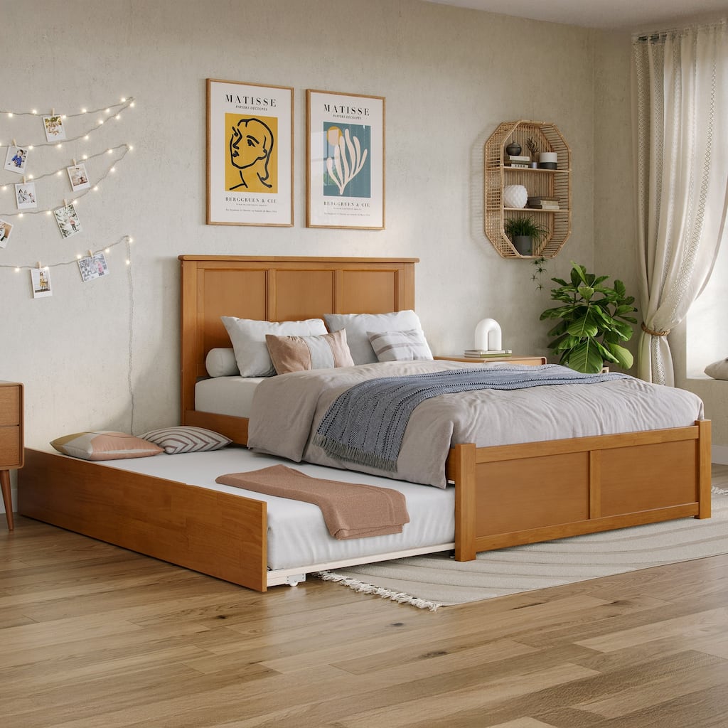 Solid Wood Platform Bed with Trundle - Full Size Bed Frame, Light Toffee Finish