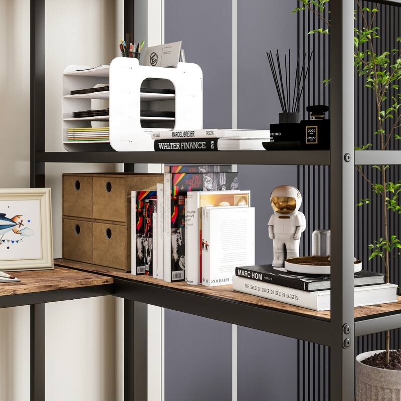 Twin Size Loft Bed for Teens Bedroom with L Shaped Desk and Shelves, Heavy Duty LED Metal Loft Bed Frame with Power Outlet