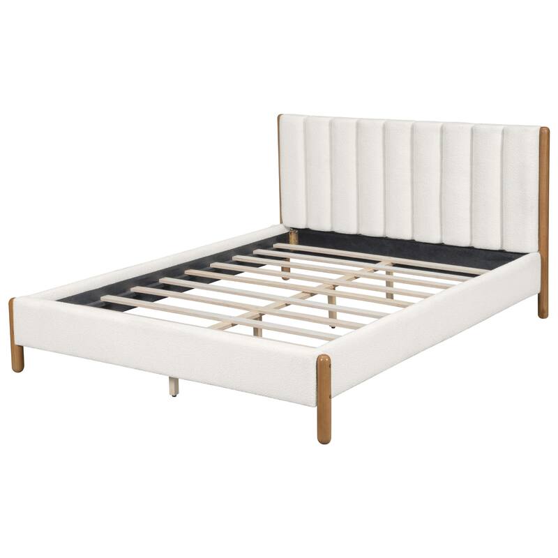 Queen Size Bed Frame with Upholstered Headboard, Solid Wood Legs, White