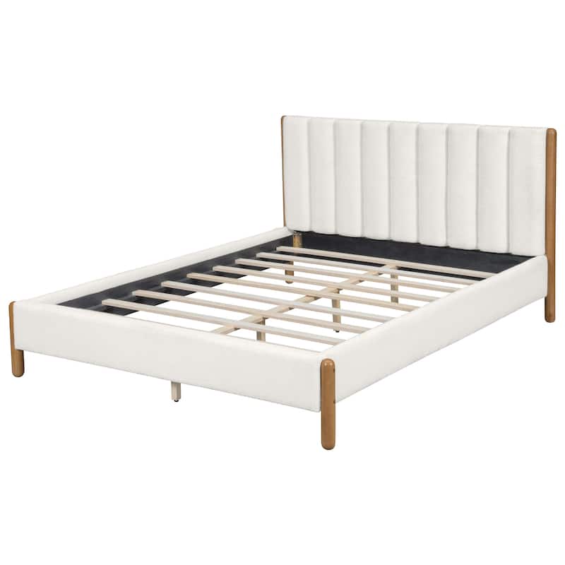 White Upholstered Fabric Bed Frame Platform Bed with Vertical Channel Tufted Headboard, Rubberwood Legs, No Box Spring Needed