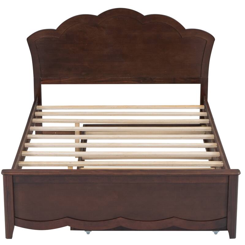 Single Bed Wood Platform Bed with Wave Shape Headboard and Footboard, Twin Size Trundle Bed Underneath No Box Spring Needed