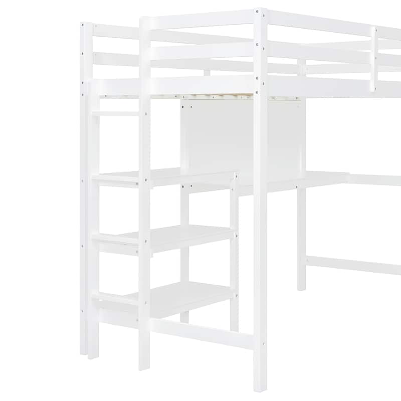 Twin Size Wooden Loft Bed with Built-In Desk, 3-Tier Shelves, Writing Board and Safety Guardrails, Space-Saving Design