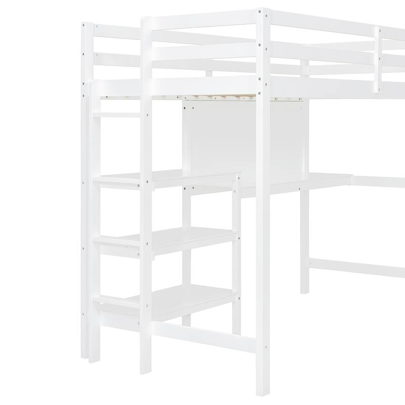 Twin Size Wooden Loft Bed with Desk, Shelves, and Writing Board