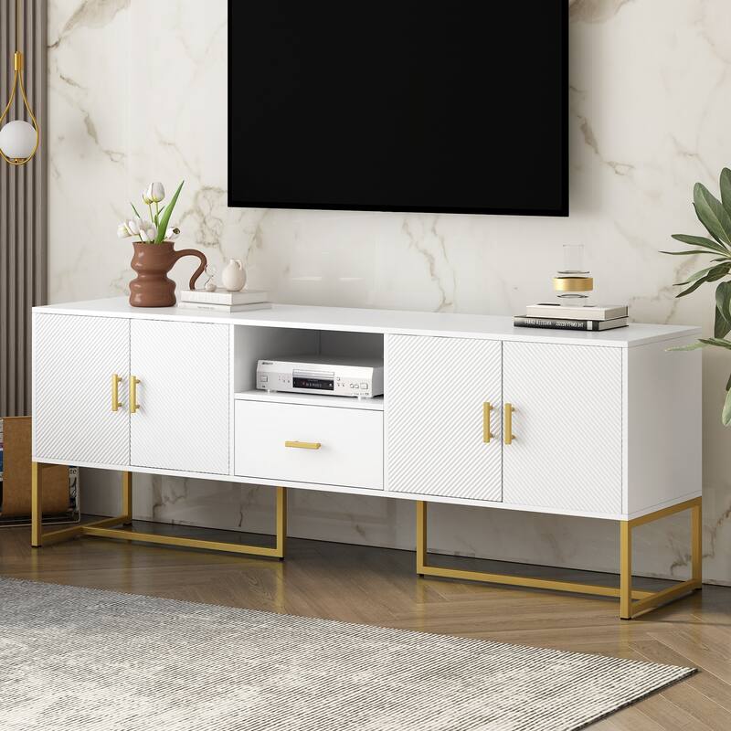 Roomfitters Modern TV Stand for up to 70 Inch TV, Media Cabinet with Drawer, Metal Legs and Safety Features, Black - White