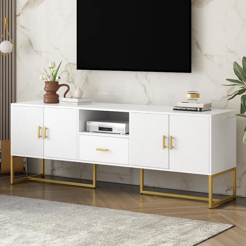 Wooden TV Stand with Irregular Legs Rectangular Decorative Media Center with Storage 4 Doors TV Cabinet for TV up to 70"