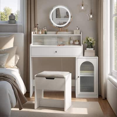 White Vanity Desk with 360° Rotated Mirror and Adjustable Lights, Girls Makeup Vanity Table with Storage Chair and Side Cabinet