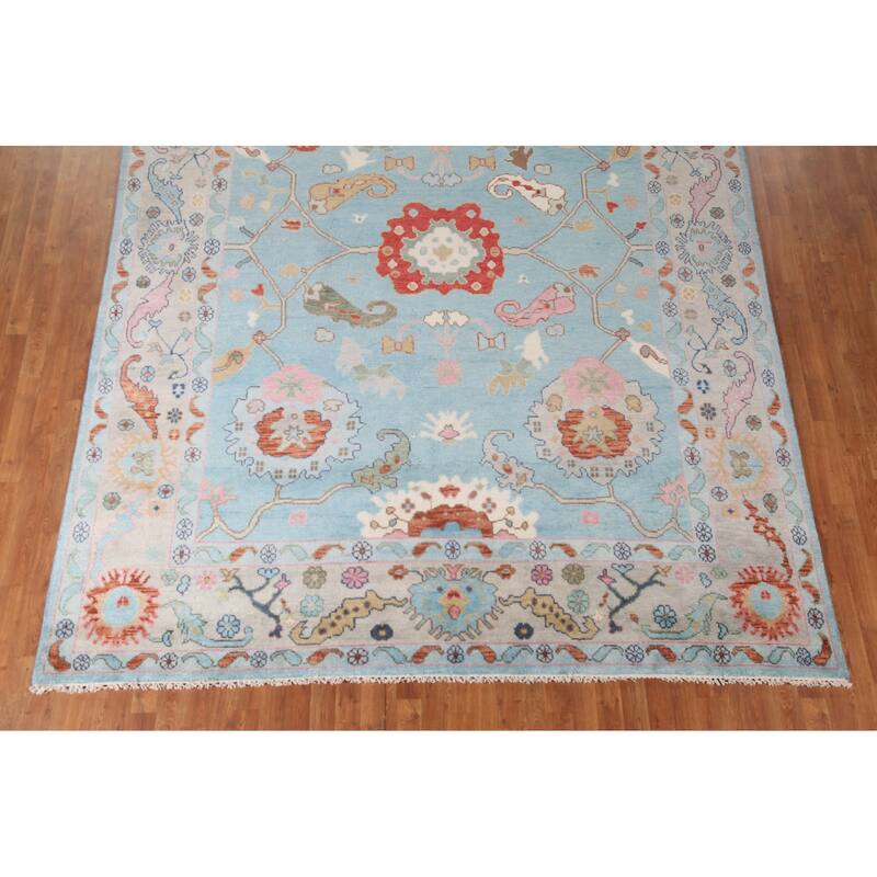 Light Blue Floral Oushak Area Rug Hand-Knotted Oriental Wool Carpet - 8'11"x 11'10"