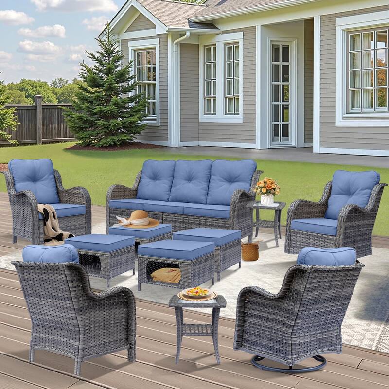 Gray Wicker Outdoor Patio Furniture Set with Swivel Rocker Patio Chairs - Denim Blue - 11 Piece