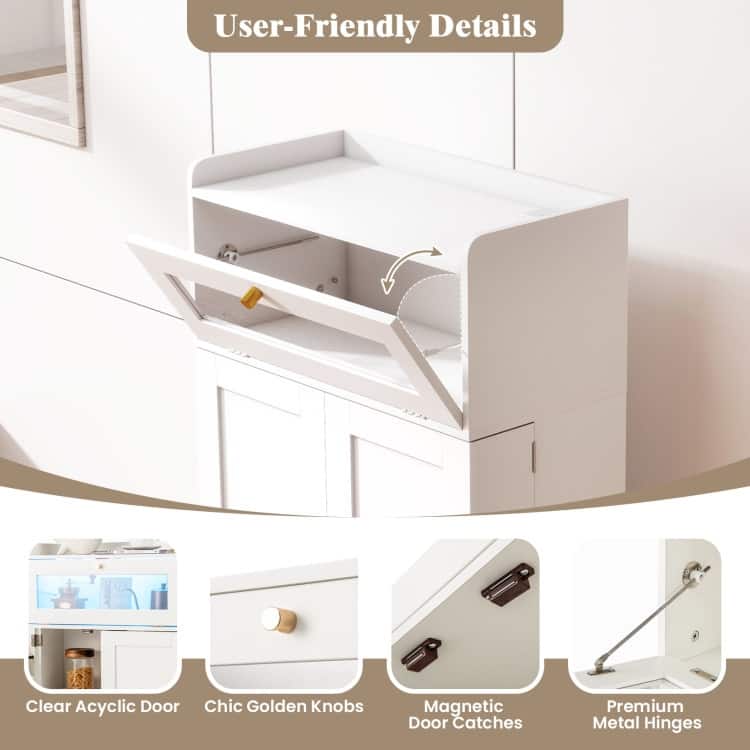 White-Gold MDF and Metal Kitchen Pantry Cabinet with LED Lights and USB Ports - 23.5" x 12" x 43.5"