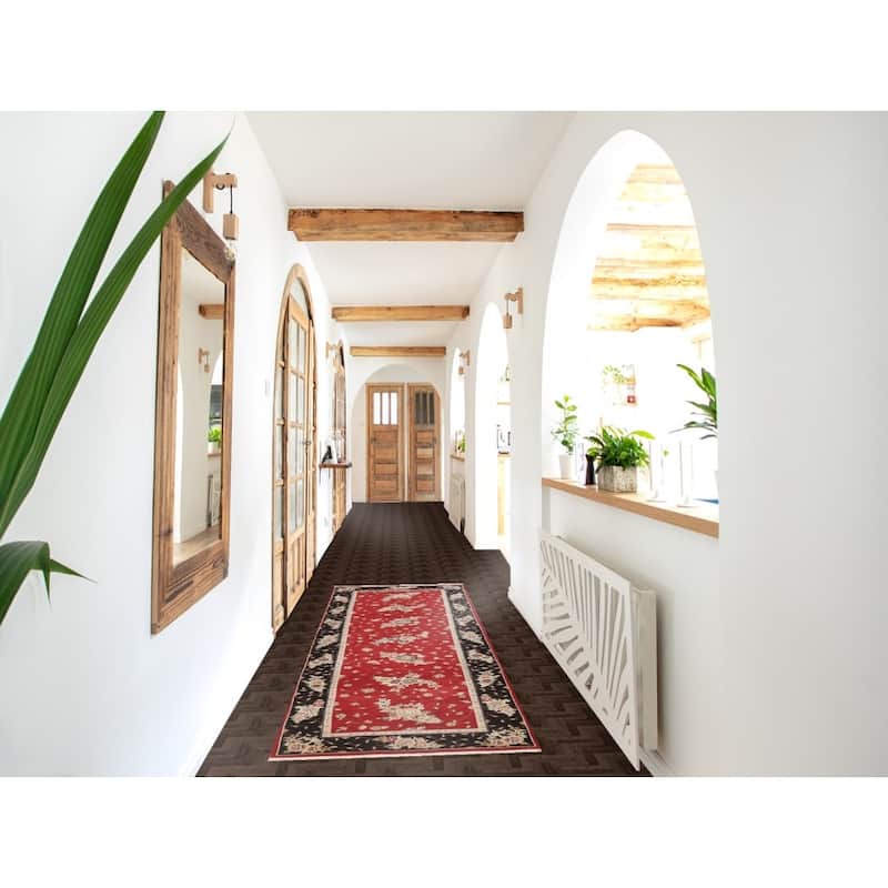 Red Floral Tabriz Chinese Runner Rug Handmade Wool and Silk Carpet - 2'5" x 8'1"