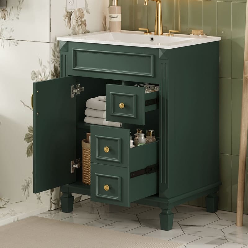 24" Bathroom Vanity with Ceramic Sink, 2 Drawers and Adjustable Shelf