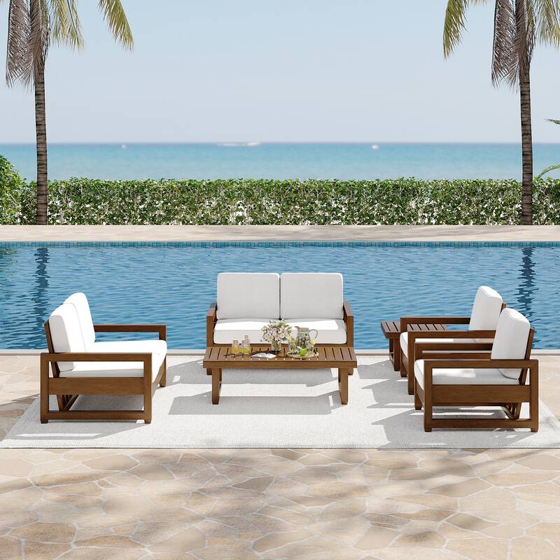 7-Piece Outdoor Teak Wood Conversation Set with Loveseat, Chairs and Tables