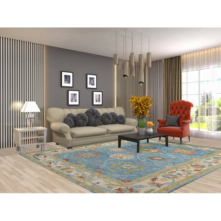 Light Blue Oushak Indian Area Rug Hand-Knotted Wool Carpet - 7'11"x 9'7"