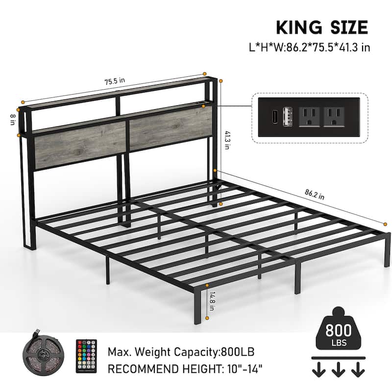 Rustic Grey Metal Bed Frame Platform Bed with Storage Headboard, RGB LED Light & Charging Station