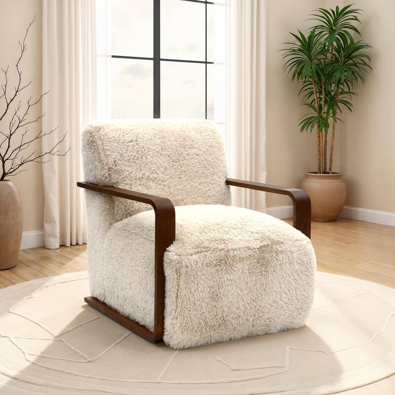 Contemporary Style 1pc Accent Chair Retro Inspired Curves Wooden Arms Tight Seat And Back Primary Living Room - Beige